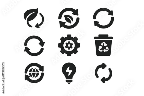Eco Arrow Icons. Solid style icons of Replace and renew: arrows on leaf, eco replace, cycle arrows, reset arrows, replace gear,