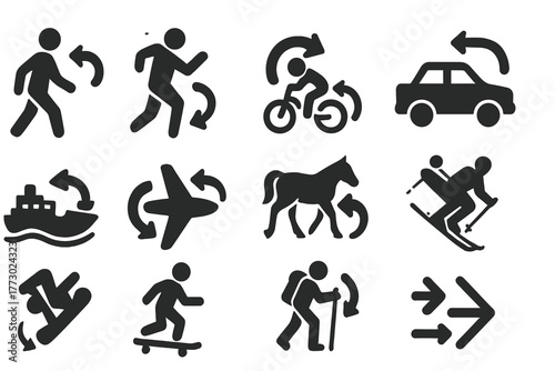 Retreat Icons Set. Solid style icons of movement retreat: walking back, runner turning, cyclist U-turn, car reversing, ship