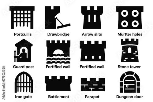 Castle Defense Icons. Solid style icons of castle defenses: portcullis, drawbridge, arrow slits, murder holes, guard post, moat