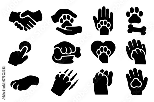 Paw Interaction Icons. Solid style icons of paw interactions: paw handshake, paw touching hand, paw high five, paw pressing button