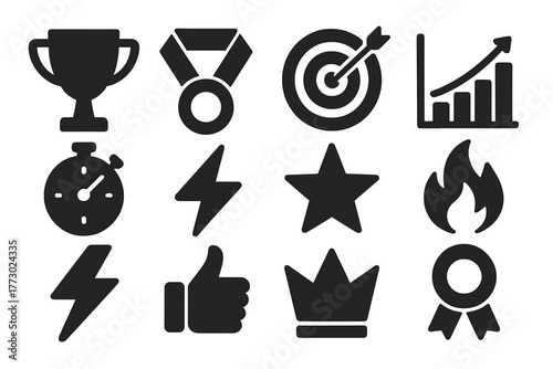 Fitness Icon Set. Solid style icons of Fitness motivation: trophy, medal, target, progress chart, stopwatch, energy icon, star,