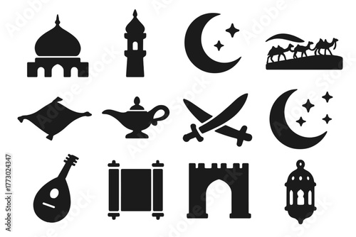 Arabian Nights Icons. Solid style icons of Arabian nights: palace dome, minaret tower, crescent moon, desert caravan, flying
