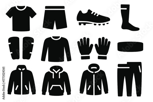 Soccer Apparel Icons. Solid style icons of Soccer apparel: jersey, shorts, cleats, socks, shin guards, goalkeeper jersey, gloves,