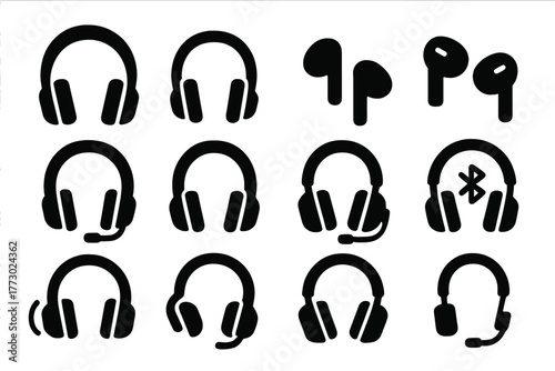 Headphones Icon Collection. Solid style icons of headphones types: over-ear headphones, on-ear headphones, in-ear earbuds,