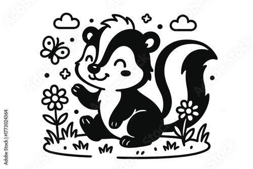 Playful Skunk Coloring. A cute skunk in a playful scene with friendly details, black and white line art, children’s coloring book