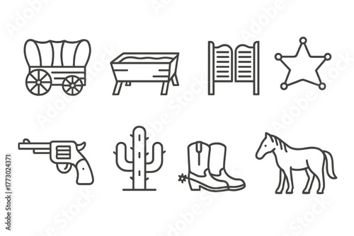 Frontier Town Icons. Line style icons of Frontier Town: Wooden Wagon, Watering Trough, Saloon Doors, Sheriff's Badge, Revolver,