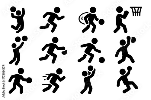 Dynamic Action Icons. Solid style icons of Action and movement: jumping, running, spinning, dribbling, shooting, passing, sliding,