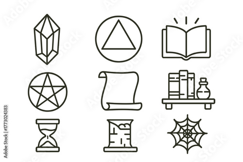 Esoteric Icon Set. Line style icons of Esoteric Archives: Crystal, Alchemy Symbol, Glowing Book, Pentagram, Ancient Scroll, Dusty