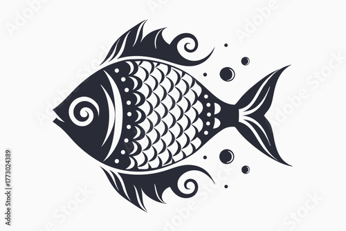 Isolated monochrome fish swims, showing scales, fins, and tail, surrounded by bubbles