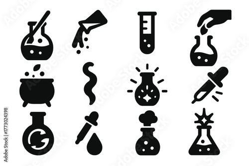 Alchemy Icon Set. Solid style icons of Mixing and brewing: stirring potion, pouring liquid, measuring vial, adding ingredient,