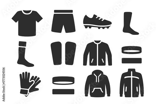 Soccer Apparel Icons. Solid style icons of Soccer apparel: jersey, shorts, cleats, socks, shin guards, goalkeeper jersey, gloves,