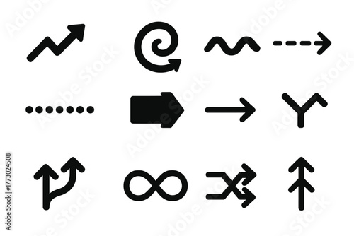 Abstract Arrow Icons. Solid style icons of abstract arrows: zigzag arrow, spiral arrow, wave arrow, dashed arrow, dotted arrow,