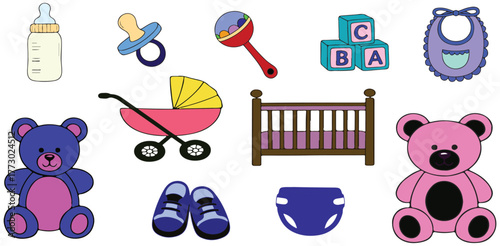 Baby Items Icons, Set Of Bottle Stroller Crib And Teddy Bear Symbols For Parenting Design Project Management And Nursery Applications

