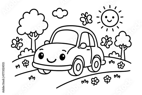 Playful Car Coloring. A cute car in a playful scene with friendly details, black and white line art, children’s coloring book page