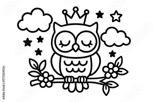 Crowned Owl Coloring. A cute owl wearing a little crown sitting on a branch with clouds, stars, and flowers, black and white line