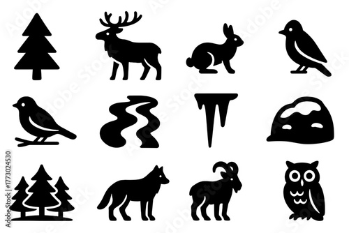 Winter Wildlife Icons. Solid style icons of Winter wildlife and nature: pine tree, elk, fox, snow hare, bird, frozen river, icicle