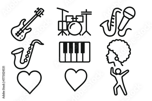 Funk Soul Icons. Line style icons of Funk Soul: Bass Guitar, Drum Set, Microphone, Saxophone, Piano, Afro Hair, Heart, Dance