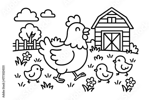 Farmyard Chicken Family. A happy chicken walking with chicks in a farmyard with grass, flowers, and a barn, black and white line