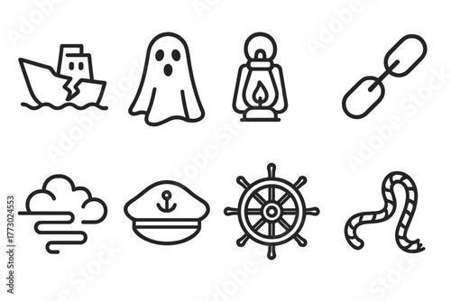 Haunted Vessel Icons. Line style icons of Haunted Vessel: Cracked Hull, Ghostly Figure, Lantern, Chains, Fog, Captain’s Hat, Wheel