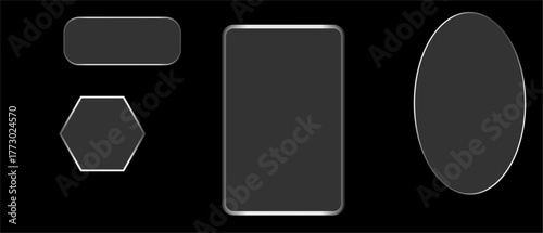 Futuristic light glass frame and liquid glass panel set for mobile and web app interfaces. Modern tech board design with glowing HUD elements and transparent glass effects.