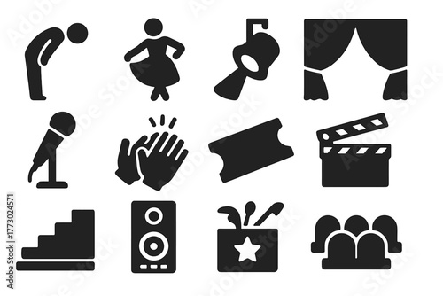 Performance Icons Set. Solid style icons of Performance elements: actor bowing, actress curtsy, spotlight beam, stage curtain,
