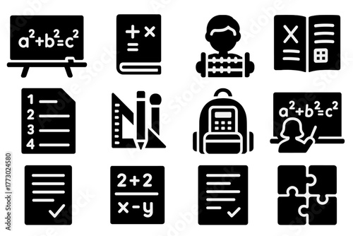 Math Education Icons. Solid style icons of School math: chalkboard with formula, book with math symbols, student with abacus, math