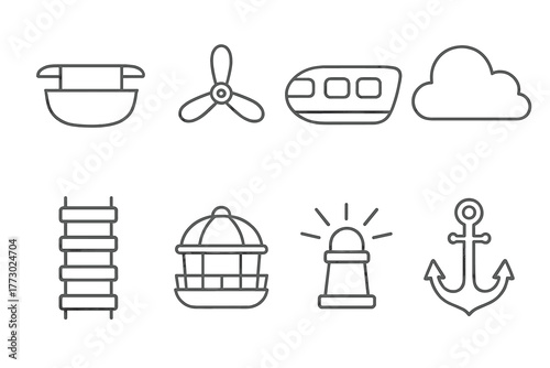 Airship Adventure Icons. Line style icons of Airship Adventure: Gondola, Propeller, Passenger Cabin, Cloud, Rope Ladder,