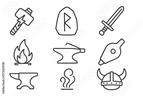 Norse Forge Icons. Line style icons of Norse Myth Forge: Magical Hammer, Rune Stone, Sword, Fire, Bellows, Anvil, Smoke, Helmet,