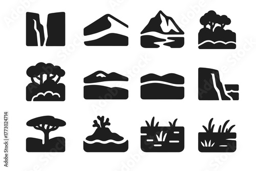 Solid Wild Landscapes. Solid style icons of wild landscapes: canyon rock, desert dune, ice glacier, rainforest canopy, tundra