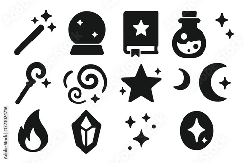 Magic Icons Collection. Solid style icons of magic: magic wand, crystal ball, spell book, potion bottle, enchanted staff,
