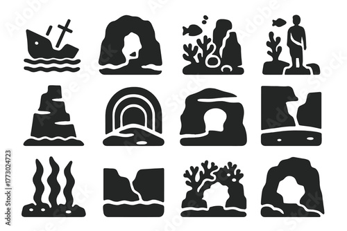 Underwater Structures Icons. Solid style icons of Underwater structures: shipwreck, cave, reef, rock formation, underwater tunnel,