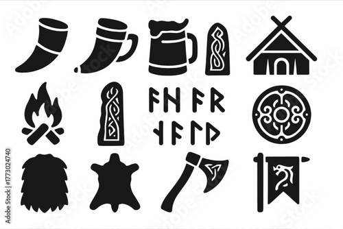 Viking Culture Icons. Solid style icons of Viking culture: horn cup, drinking horn, mead, longhouse, fire pit, carved wood, runes,