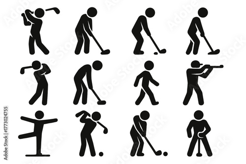 Action Movement Icons. Solid style icons of Action and movement: swing, follow-through, putting, chipping, pitching, bending,