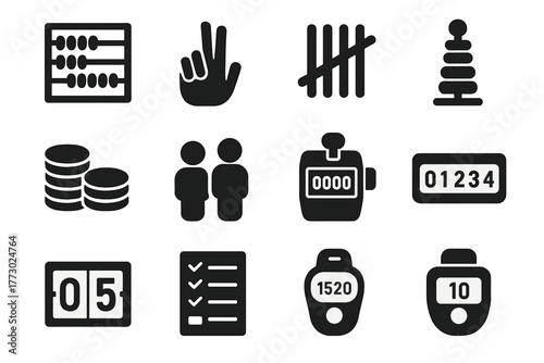 Counting Tools Icons. Solid style icons of Counting: abacus, fingers counting, tally marks, beads counting, coins stack, people