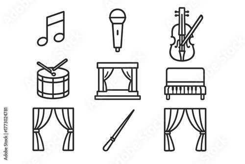Musical Theater Icons. Line style icons of Musical Theater: Musical Note, Microphone, Violin, Drum, Stage, Piano, Curtain,