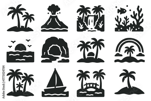 Exotic Scenery Icons. Solid style icons of exotic scenery: palm beach, volcano, jungle waterfall, coral reef, ocean horizon,