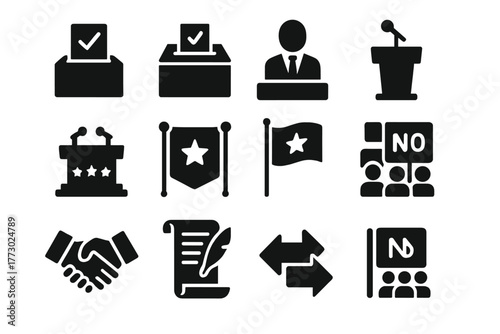 Politics Icon Set. Solid style icons of politics: voting ballot, ballot box, politician speaking, podium with microphone, debate