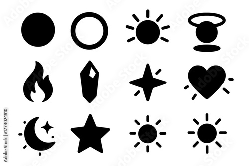 Solid Glowing Icons. Solid style icons of glow: glowing circle, neon ring, radiant aura, halo light, glowing flame, luminous
