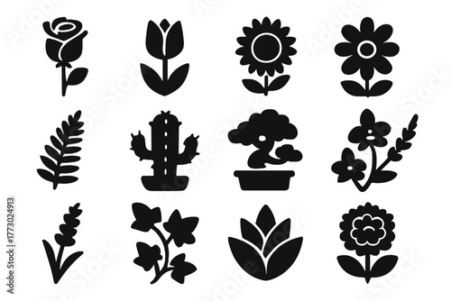 Solid Plant Icons. Solid style icons of Plants and flowers: rose, tulip, sunflower, daisy, fern, cactus, bonsai, orchid, lavender,