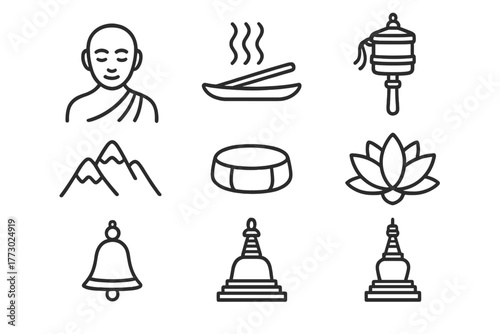 Himalayan Pilgrimage Icons. Line style icons of Himalayan Pilgrimage: Monk, Incense, Prayer Wheel, Mountain Peak, Meditation