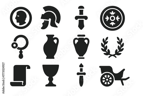 Roman Artifact Icons. Solid style icons of Roman artifacts: coin, helmet ornament, sword hilt, shield emblem, jewelry, vase,