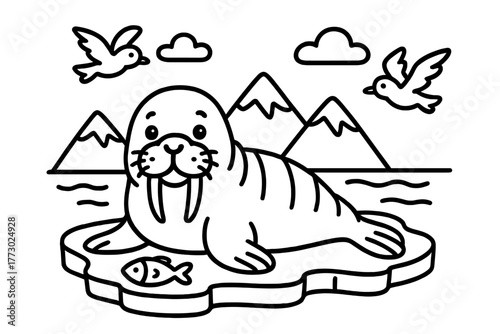 Playful Walrus Illustration. A playful walrus lying on ice with fish, seagulls, and mountains in the background, black and white