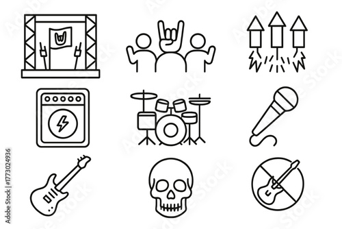 Metal Festival Icons. Line style icons of Metal Festival: Stage, Crowd, Pyrotechnics, Amplifier, Drum Kit, Microphone, Guitar,