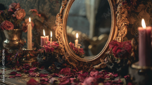 Haunted mirror surrounded by gothic candlelight and dried roses.