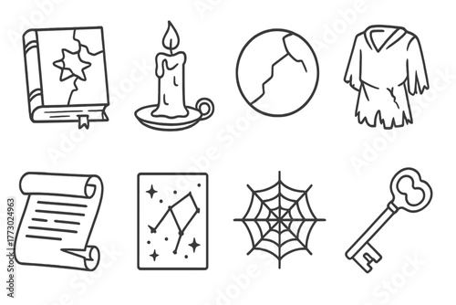 Forgotten Tower Icons. Line style icons of Forgotten Tower: Broken Spellbook, Dusty Candle, Cracked Orb, Torn Robes, Faded Scroll,