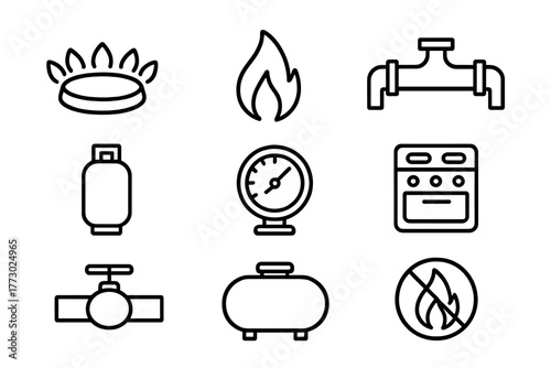 Natural Gas Line Icons. Line style icons of Natural Gas: Gas Burner, Flame, Pipeline, Gas Cylinder, Pressure Gauge, Stove, Valve,