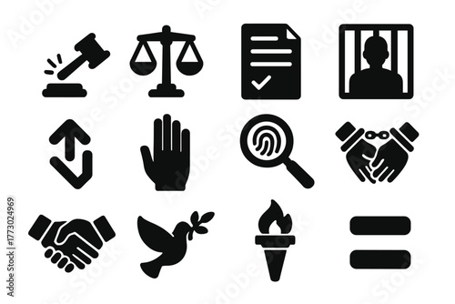 Justice Icon Set. Solid style icons of justice actions: gavel strike, scale balanced, verdict paper, prison sentence, appeal