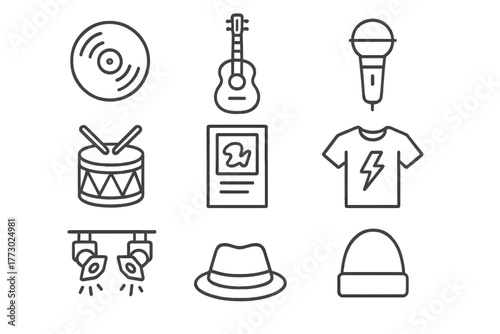 Indie Rock Icons. Line style icons of Indie Rock: Vinyl, Acoustic Guitar, Microphone, Drum, Poster, T-shirt, Stage Lights, Hat, No