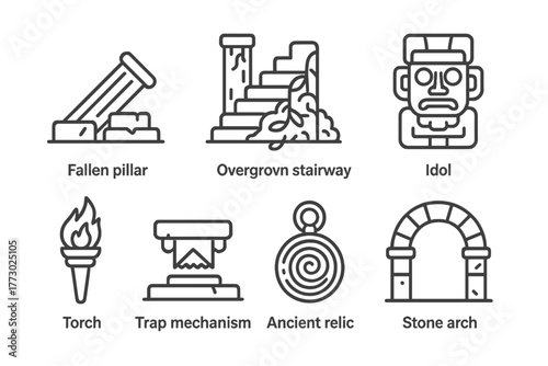 Temple Ruins Icons. Line style icons of Temple Ruins: Fallen Pillar, Overgrown Stairway, Mossy Wall, Idol, Torch, Trap Mechanism,