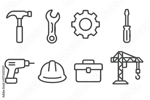 Industrial Tools Icons. Line style icons of Industrial Tools: Hammer, Wrench, Gear, Screwdriver, Drill, Hard Hat, Toolbox,